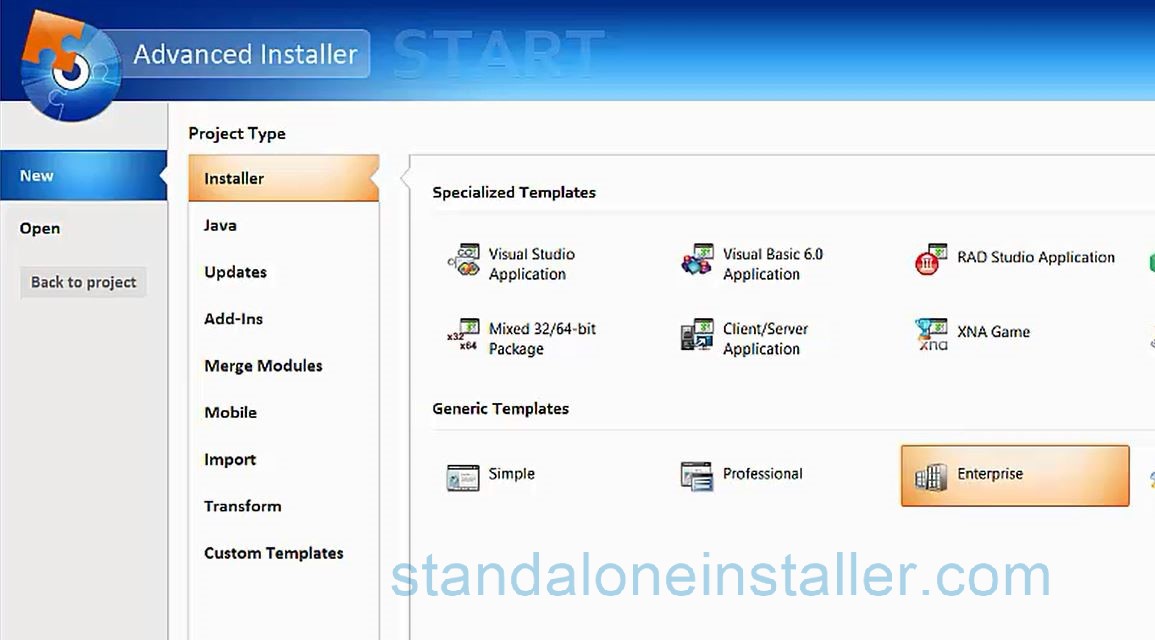 Select project type in advaced installer