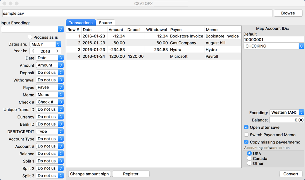 convert csv to quicken qfx file